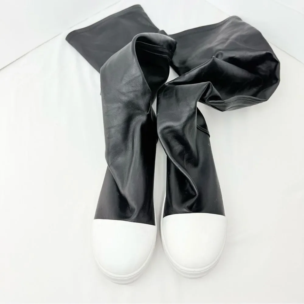 Kluolandi Black Faux Leather White Shoe Over the Knee Pull On Sneaker Boots